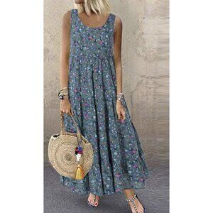 BOHO Sleeveless Tiered Maxi Peasant Dress in Multicolor Floral Cottage Size XL